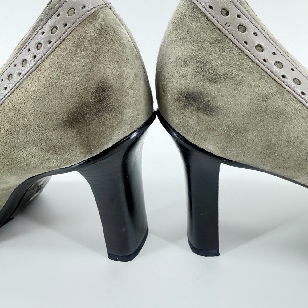Nine West Womens 6 Oxford Olive Suede Kiltie Fringe Wingtip Block Heel Pumps Bow - Picture 9 of 10